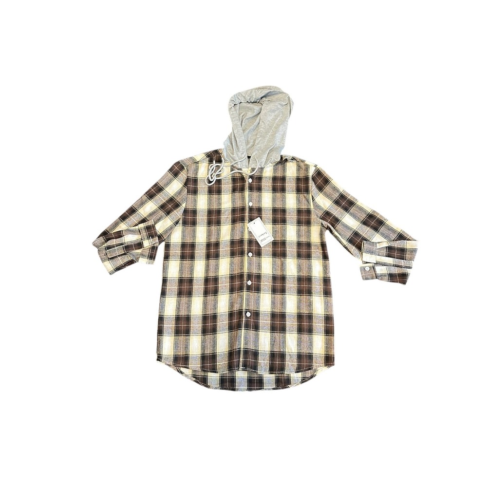 Flakjay Plaid Flannel Long Sleeve Button‎ Up Shirt Hoodie Mens XL